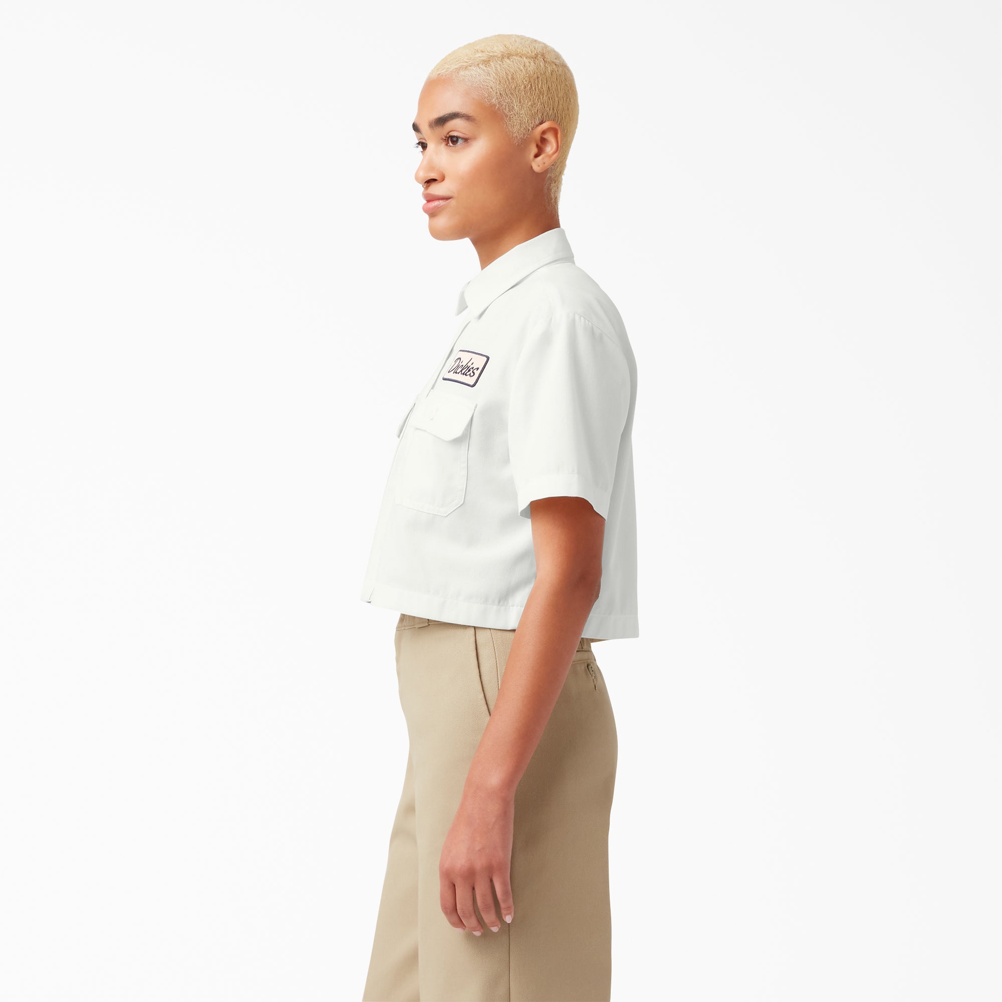 Women's Embroidered Patch Cropped Work Shirt - Image 3
