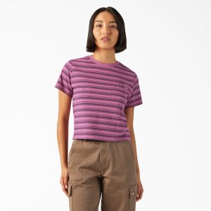 Women's Large Striped Cropped Pocket T-Shirt